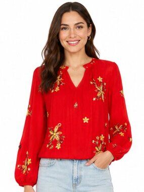 Figueroa & Flower Large Cherry Tomato Floral Embroidered Puffed Long Sleeve Top